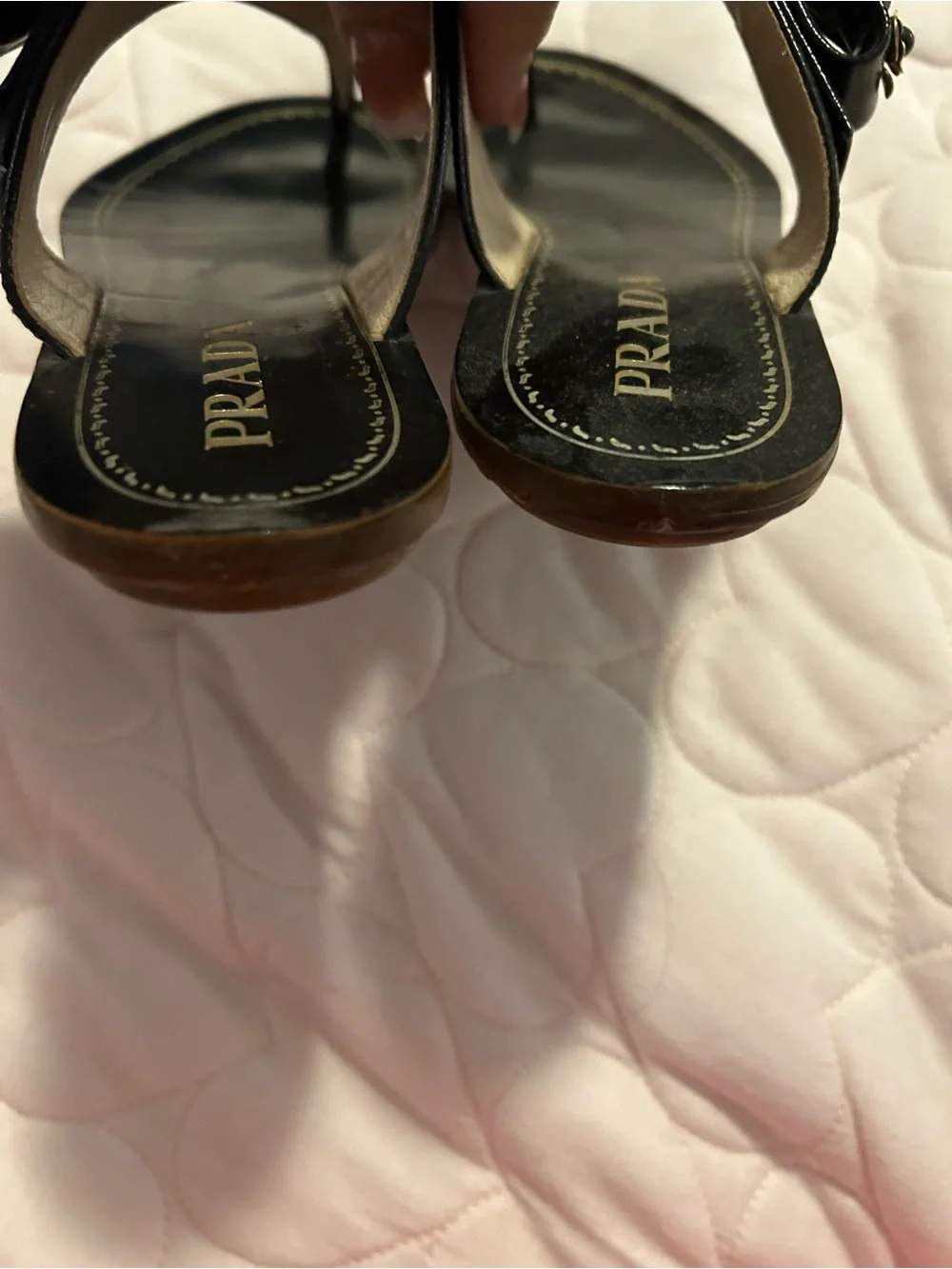 Prada Black Leather Thong Sandals with Pearl & Gold Accents
